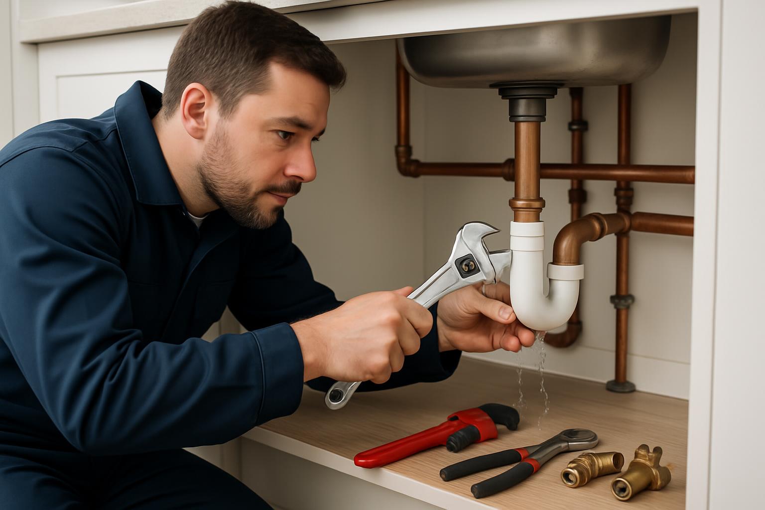 Plombier travaillant sous un évier - Services plomberie Lèves
